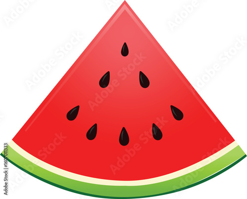 Watermelon slice with gradient, texture, green rind, and black seeds vector on transparent background