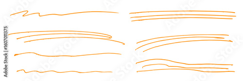 Set of squiggly hand-drawn orange underlines and accent lines with marker. Scrawl strokes. Note highlighting. Handwritten accent element of underline. Vector graphic design.