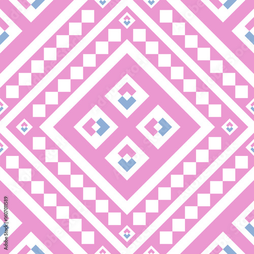 Pink geometric pattern with a seamless design, with a repeating arrangement of diamonds and squares, creating a stylish and aesthetic vibe. It is ideal for fabric design or wallpaper