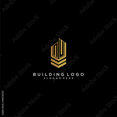 NU initial monogram logo for real estate with building style