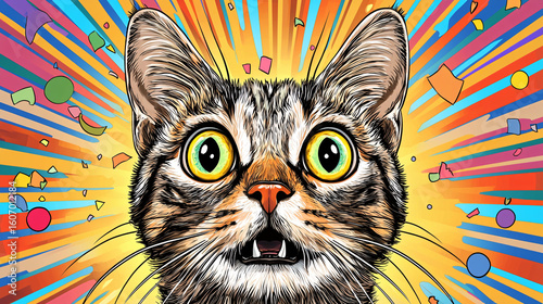 Illustration of a surprised tabby cat with a shocked expression on a vibrant background.