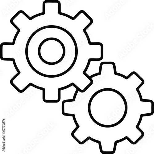Clean line art icon of two connected gears symbol isolated on transparent background