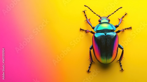 brightly coloured shiny bug on a plain bright color background,