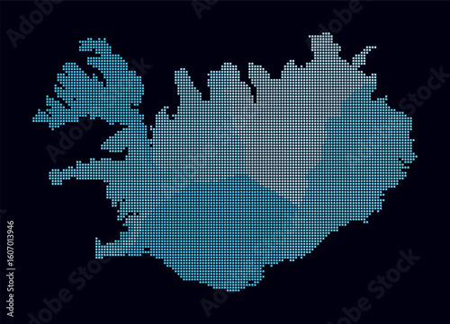 Iceland dotted map. Digital style map of the country on dark background. Iceland shape with square dots. Colored dots style. Small size squares. Creative vector illustration.