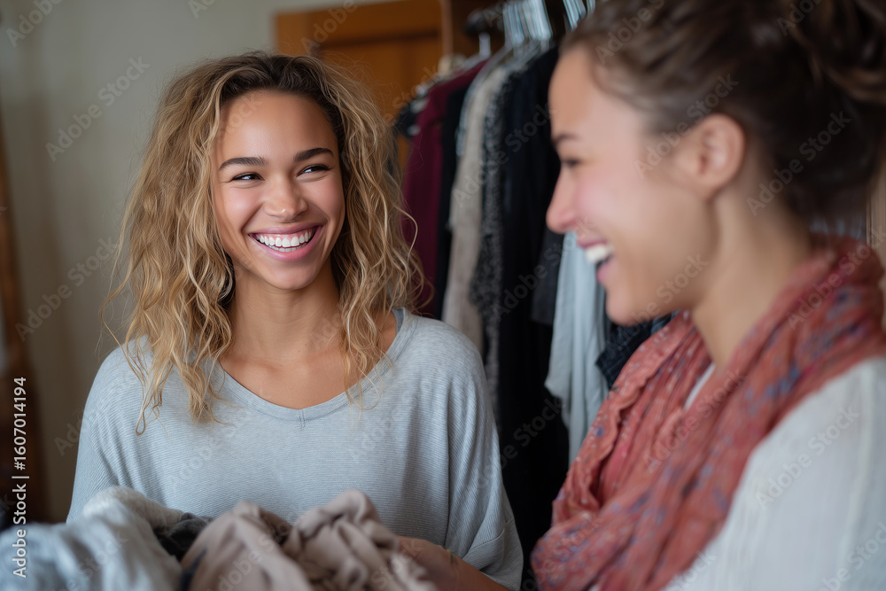 Obraz premium friends exchanging clothes at home instead of shopping, joyful sustainable living, 