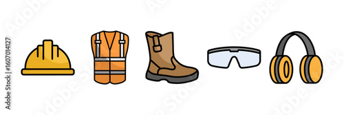 Safety Equipment Icon Set, Containing design Safety Helmet, Safety Vest, Safety Boots, Safety Glasses, Ear Plug
