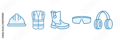 Safety Equipment Icon Set, Containing design Safety Helmet, Safety Vest, Safety Boots, Safety Glasses, Ear Plug