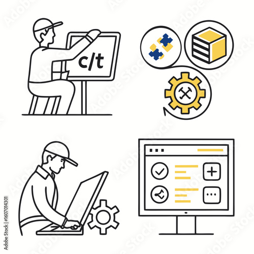 Software development process illustration showing coding testing deployment and monitoring workflow diagram design