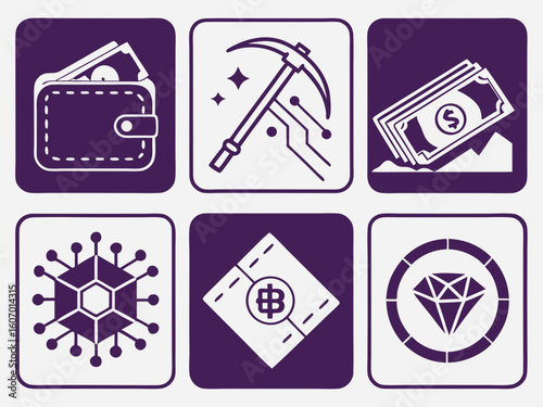 Cryptocurrency and blockchain technology icons representing digital assets and mining technology concept vector