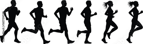 Group of Diverse Runners in Motion Silhouette Vector Illustration Set, Male and Female Athletes Running, Sports, Fitness, Healthy Lifestyle, Black and White, Dynamic Action.