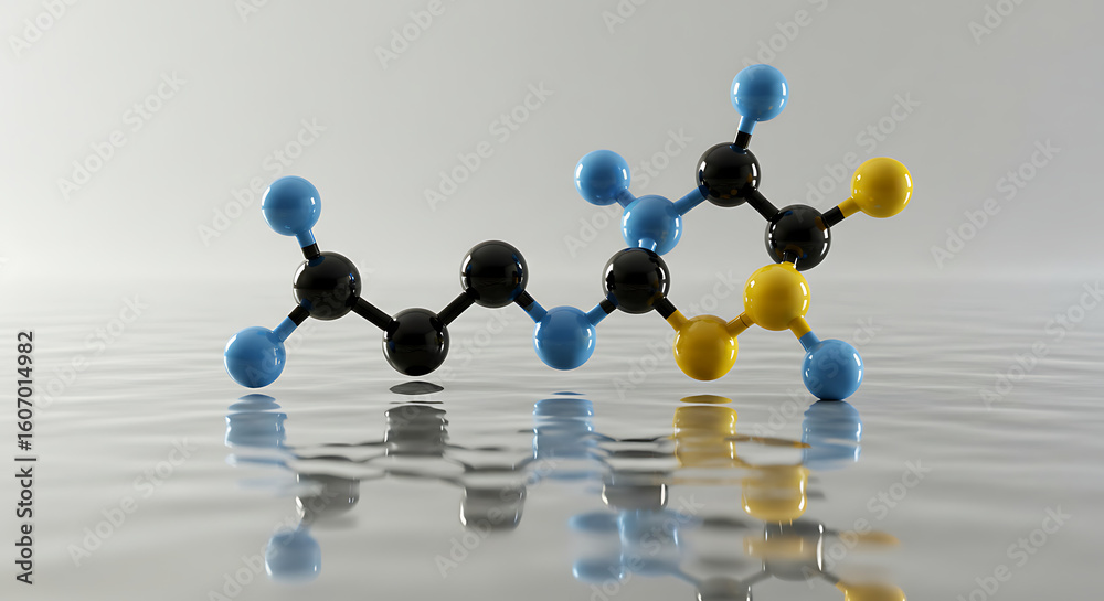 Obraz premium Metallic Serotonin Molecule (Blue, Black, Yellow) on Translucent Liquid 3D Render - Ultrarealistic V-Ray HDR 