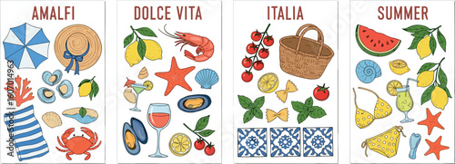 Summer mediterranean cute posters set. Amalfi. Italy vacation vibe. Hand drawn lemons, crab, tomato, cocktails, seashell, umbrella, tile.