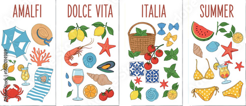 Summer mediterranean cute posters set. Amalfi. Italy vacation vibe. Hand drawn lemons, crab, tomato, cocktails, seashell, umbrella, tile.