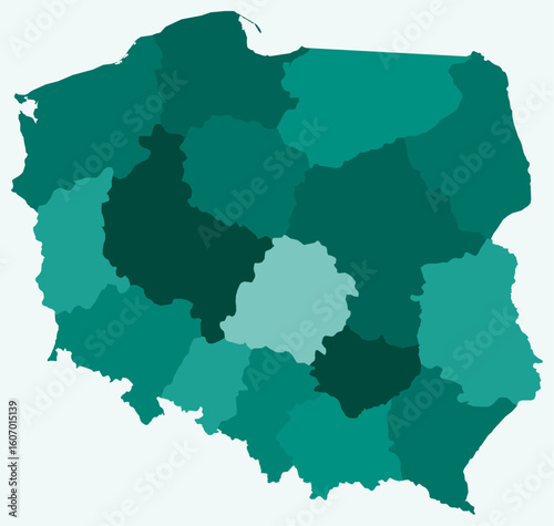 Map of Poland with regions. Just a simple country border map with region division. Teal color palette. Blank Poland shape with administrative division. Vector illustration.