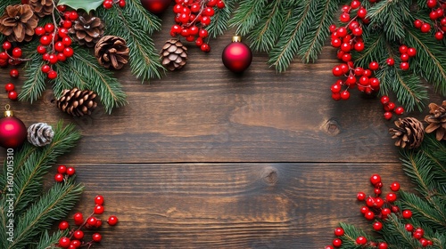 Festive Holiday Arrangement With Pine Branches and Red Berries on Wooden Surface