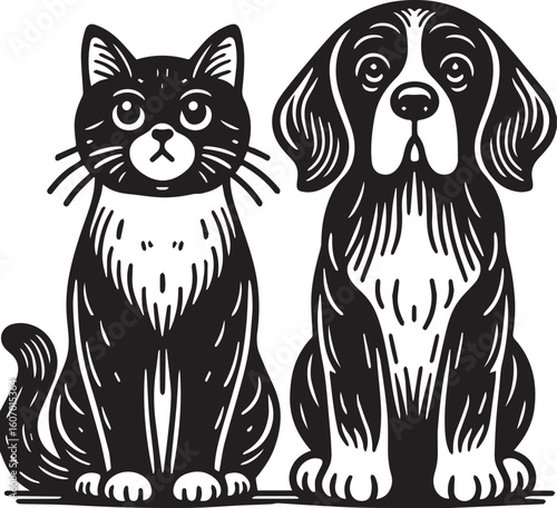 Charming black and white sketch of a dog and cat sitting together peacefully, perfect for pet lovers