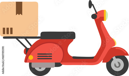 Vector illustration of a red delivery scooter carrying a package. Perfect for food delivery or e-commerce concepts.
