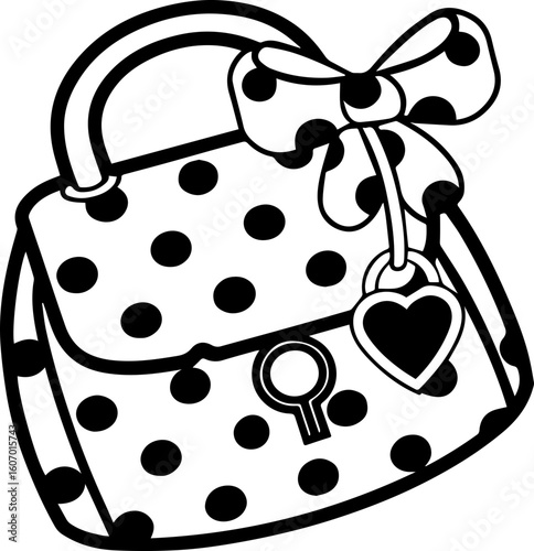 SVG vector illustration of a cute fashion-style gift bag.Cute polka dot handbag with bow and heart charm design