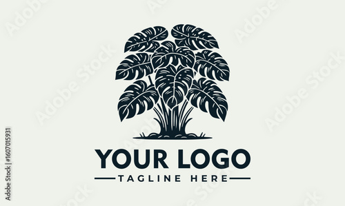 Elegant logo design featuring a stylized cluster of Monstera deliciosa leaves, set against a simple background.