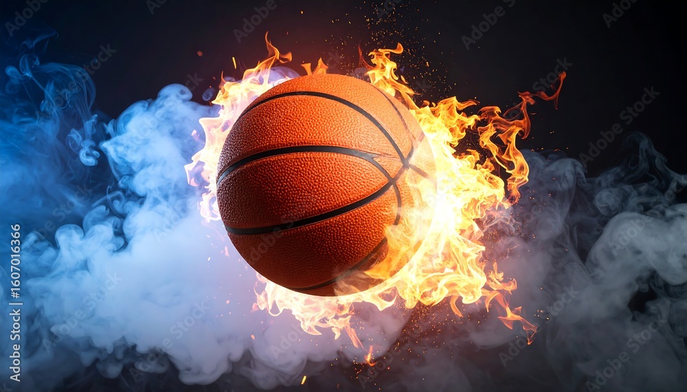 Fototapeta premium Basketball engulfed in flames, surrounded by smoke