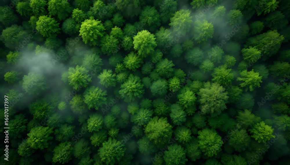 Naklejka premium Aerial View of Lush Green Forest Canopy with Morning Mist, Drone Photography of Dense Woodland Trees