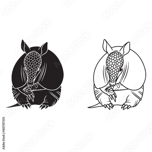 An Armadillo Side View Art - Patient Forager - Keen Sense of Smell - Armadillo silhouette - Armadillo lineart - Armadillo vector - silhouette & lineart of Armadillo


