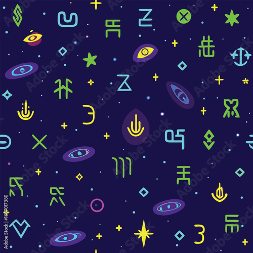 Colorful galactic symbols and alien glyphs seamless pattern for modern cosmic style designs and abstract futuristic illustrations on a deep purple background