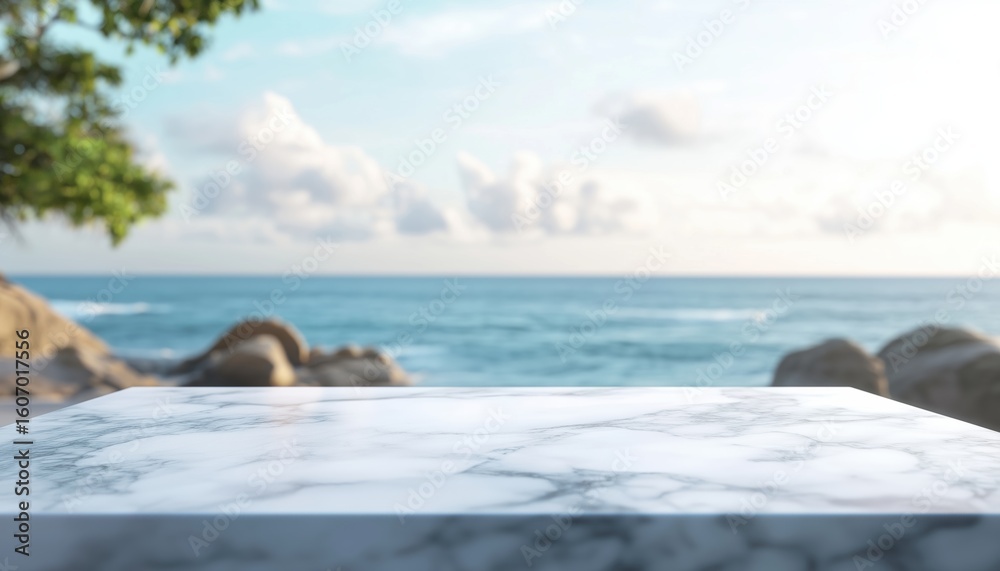 Fototapeta premium Mock-Up Template: Glossy White Marble Table Top With Blurred Sky And Sea Bokeh - Perfect For Product Display. Auch A Stunning Visual!