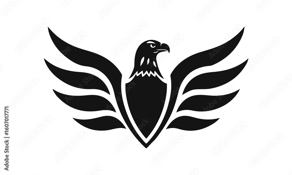 Fototapeta premium Eagle logo template. Black and white silhouette of an eagle with spread wings. Symmetrical and stylish logo, perfect for branding and emblems