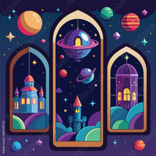 Cosmic journey with buildings and planets through archways a whimsical space illustration featuring fantasy architecture floating in space