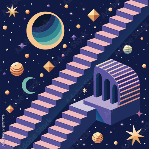 Cosmic pathway stairs in starry night with planets and celestial bodies vector art design for futuristic projects