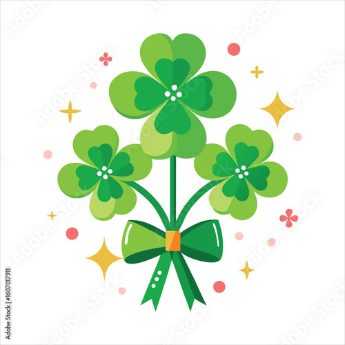 Vibrant bouquet of three green shamrocks tied with a festive green bow, adorned with sparkling stars and dots, symbolizing good luck and irish heritage