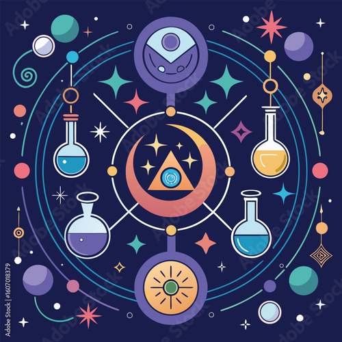 Mystical alchemical circle with moon crescent flasks planets stars and eye of providence symbolic illustration