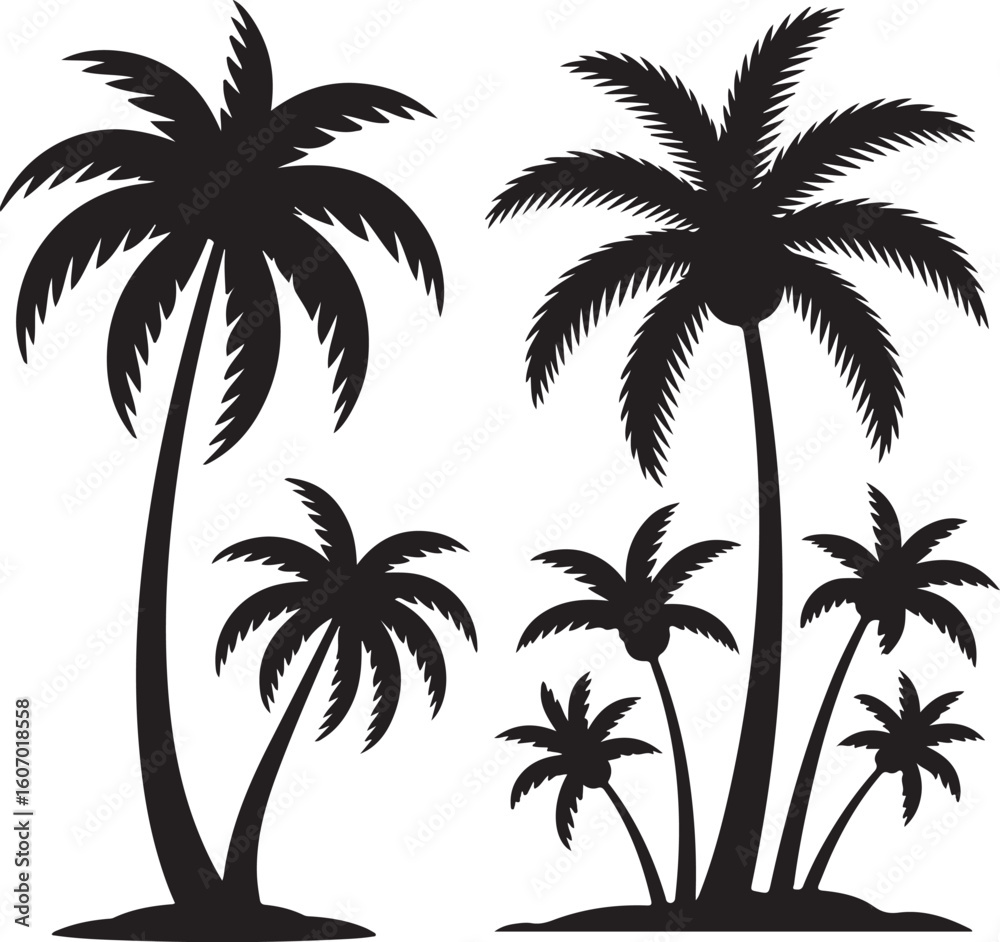 Fototapeta premium Palm Tree Silhouette Vector Bundle Tropical Tree Set on White Background