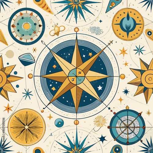 Nautical celestial map seamless pattern with golden compass stars and planets illustrated in a vintage style for creative projects