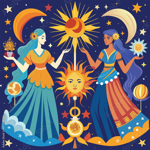 Mystical goddesses in celestial harmony sun and moon divine feminine energy night sky with stars beautiful woman vector illustration colorful illustration astrology themed