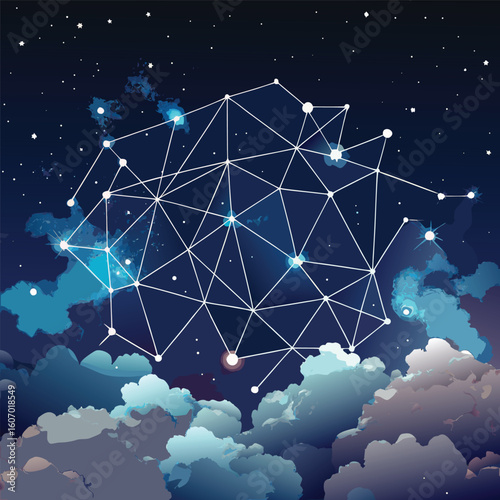 Night sky conceptual constellation over clouds digital illustration graphic design element celestial exploration concept abstract art vector