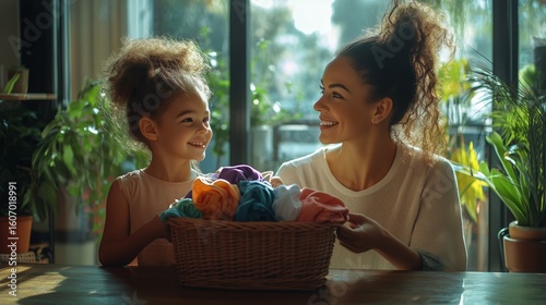 Mother and Daughter Enjoy Folding Colorful Laundry at Home in the Afternoon S...