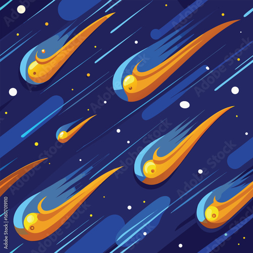 Seamless pattern of space comets and meteors cosmic background with stylized celestial bodies on a dark blue backdrop