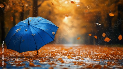 Blue Umbrella Standing in Autumn Leaves on a Rainy Day in a Park