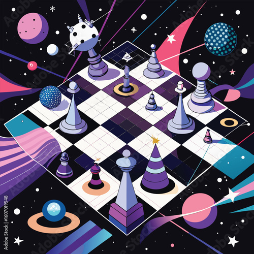 Surreal space chess game with planets and stars in isometric perspective featuring chessboard pattern and pieces for creative and abstract designs