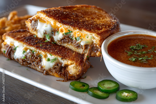  Home made Gourmet pulled pork grilled cheese sandwich with rich tomato soup and jalapenos.
