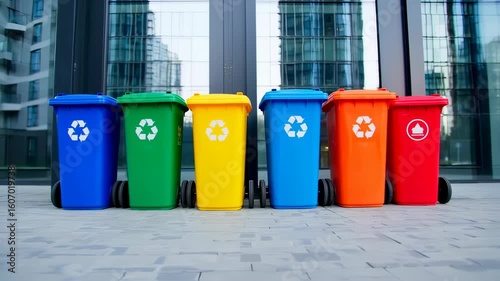 Colorful recycling bins lined up outside a modern building