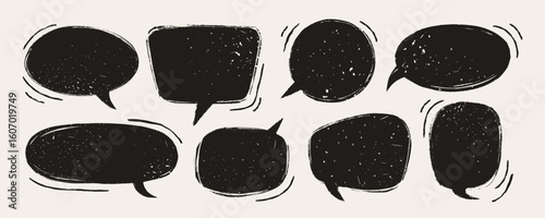 Speech bubble vector set in black on beige background with distressed texture. Hand drawn cartoon talk and speech elements. Great for comics, grunge prints, retro poster designs