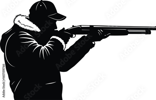  Hunter with Shotgun Silhouette Vector Illustration, Aiming for Target Practice or Hunting, Outdoor Sports, Recreation, Security, Firearm, Black on White, Precision and Focus.