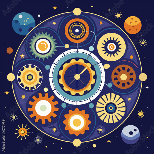Whimsical cosmic clockwork celestial orbits planets gears starry night retro style astronomy decorative illustration space travel inspired design time and space universe exploration