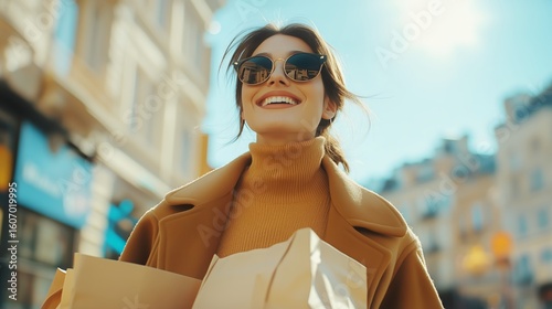 Smiling Young Woman Enjoys a Sunny Day Shopping in the City With Bags in Hand