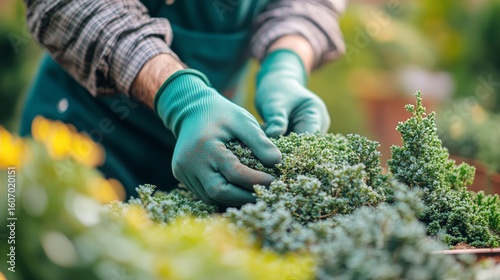 Gardening Enthusiast Carefully Tending to Lush Green Plants in a Vibrant Gard...