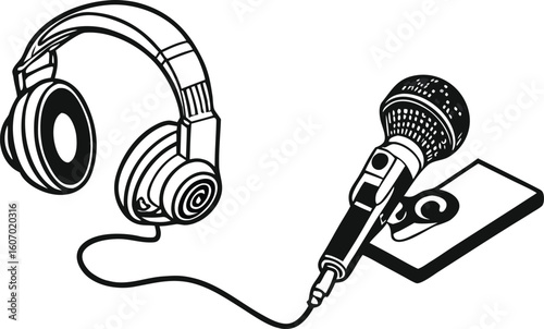 Black and white illustration of headphones and microphone audio broadcast
