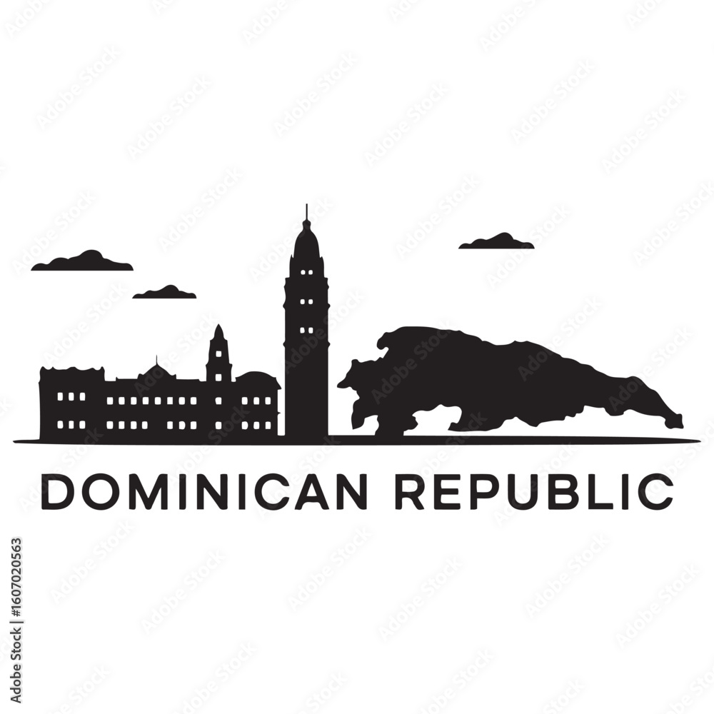 Fototapeta premium Vector Dominican Republic skyline. Travel Dominican Republic famous landmarks. Business and tourism concept for presentation, banner, web site. Vector black silhouette. with white background
